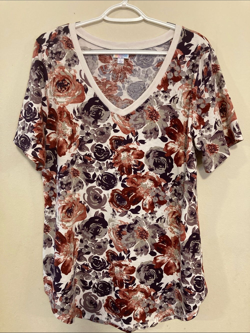 LuLaRoe Floral V-Neck Short Sleeve Top - Rust, Gray, White